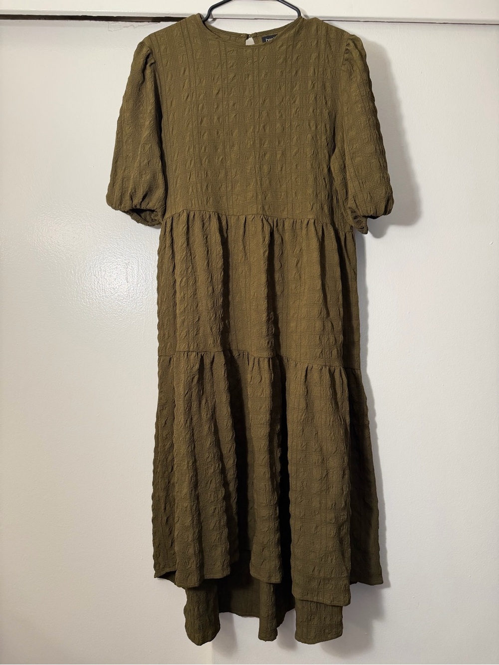 Boohoo Olive Puff-Sleeve Tiered High-Low Dress